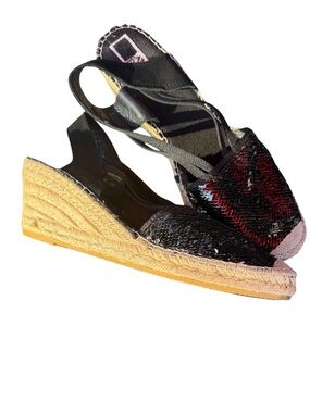 Sequin Espadrille Flats – Black Iridescent – Slip On Sandals 41